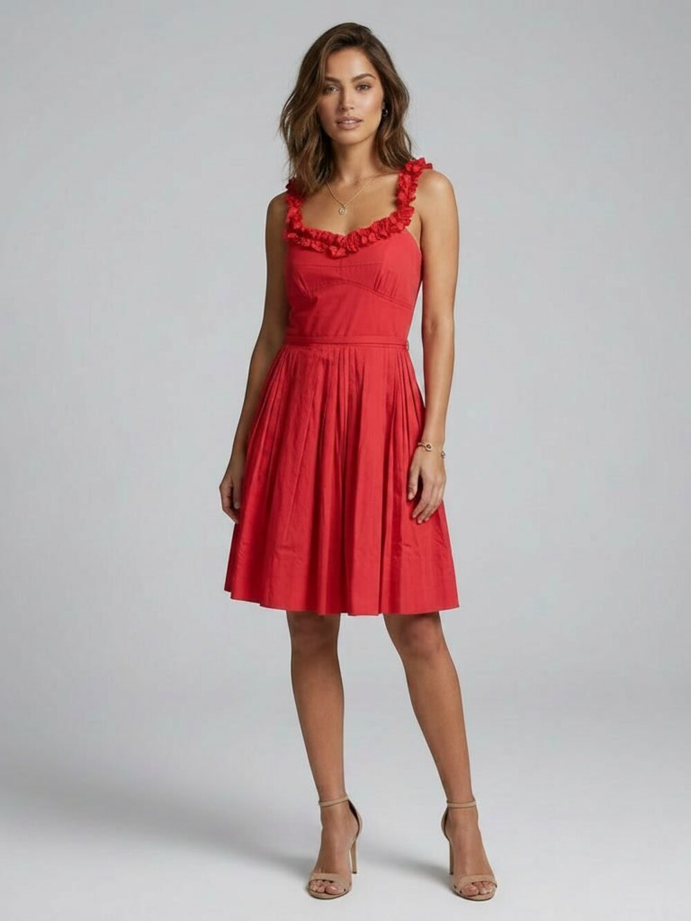 Sonia by Sonia Rykiel 100% Cotton Pleated Red Ruffle Dress Size FR 40 or US M